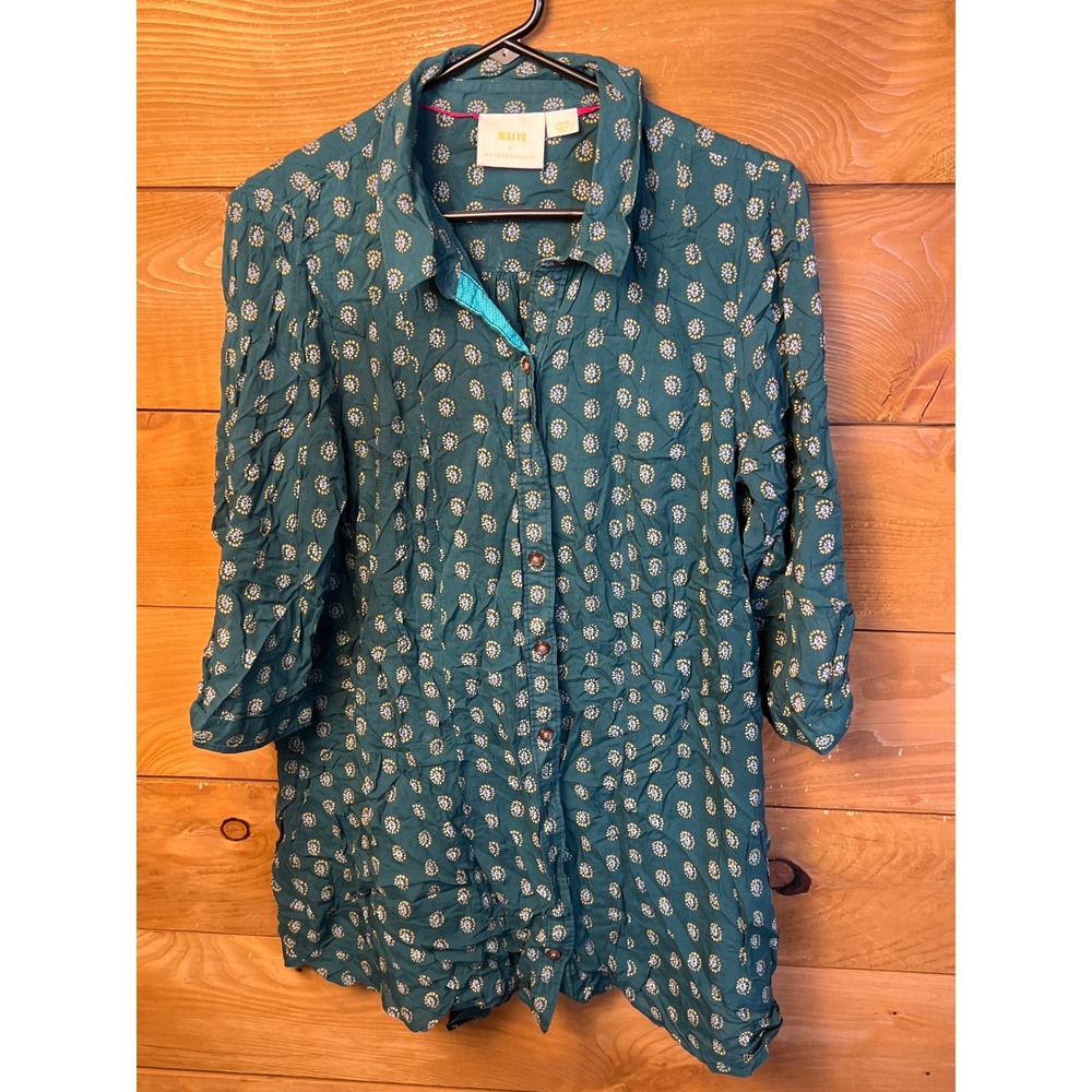 Maeve Teal Button-Front Tunic with Cream Paisley Print